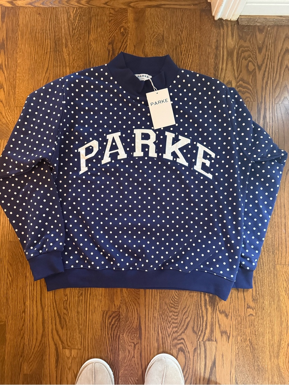 PARKE polka dot heritage varsity mockneck- denim